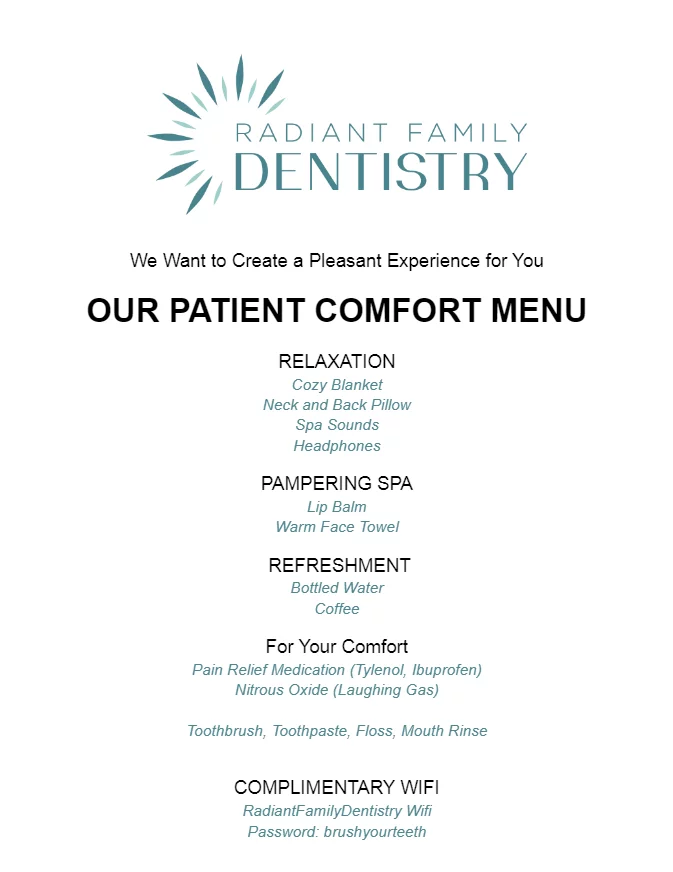 the Radiant Family Dentistry patient comfort menu